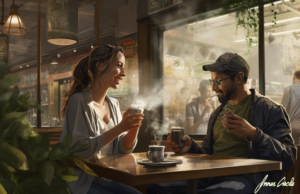 Midjourney AI interpretation of two people enjoying cannabis at a cafe while having coffee