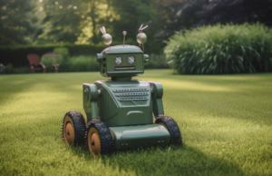 Midjourney AI interpretation of a robot mowing the lawn